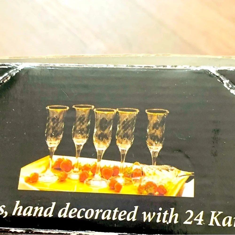 Hand Decorated 24 karat Gold 6 champagne flutes from Turkey